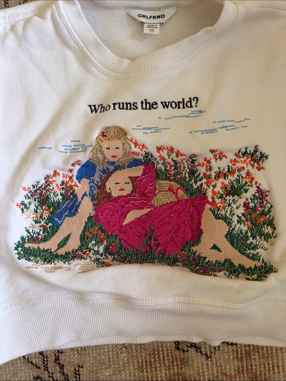 GRLFND Cropped White Embroidered Sweatshirt - Who Runs the World?